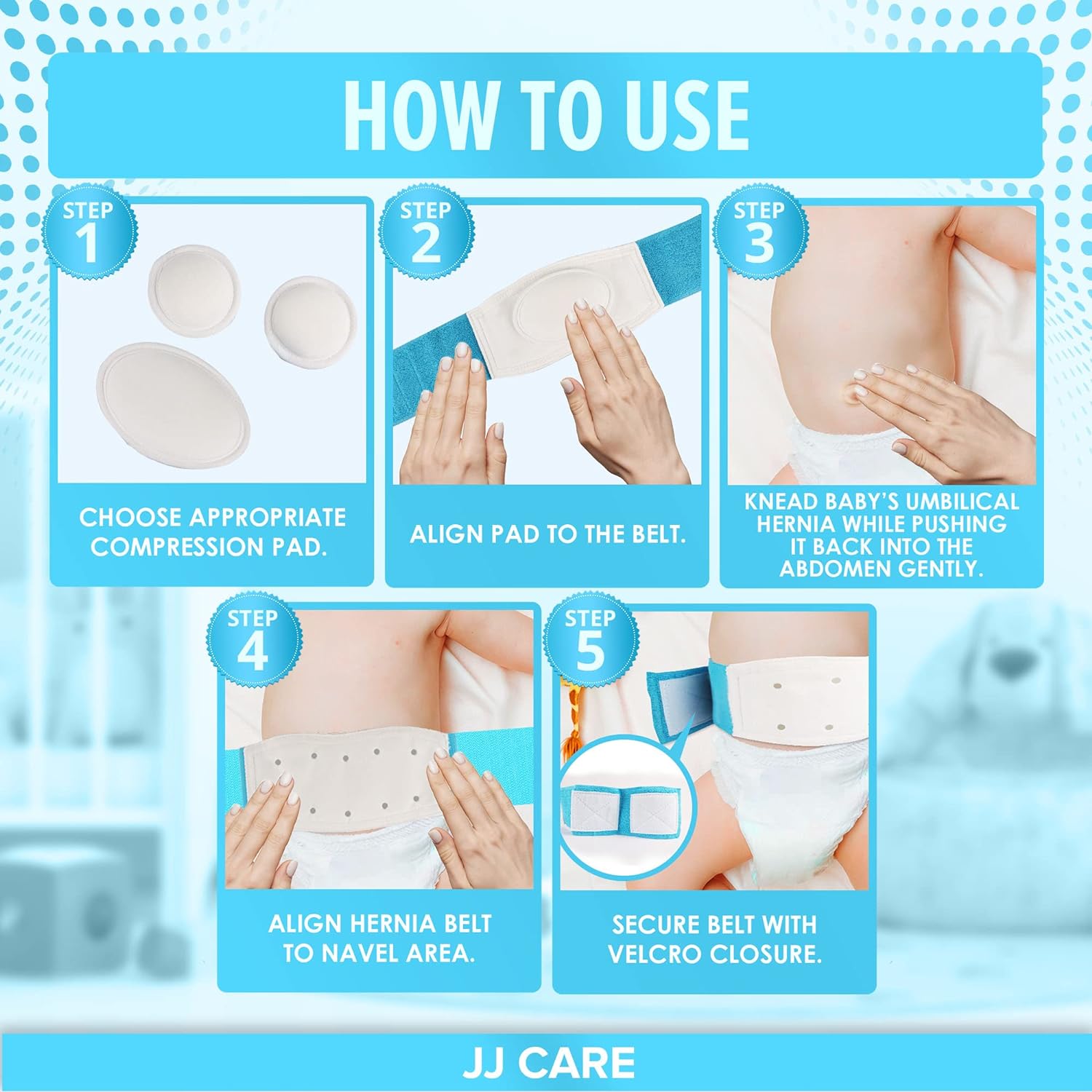 JJ Care Umbilical Hernia Belt Baby with 3 pcs Foam Compression Pads – Stretchable and Breathable Baby Belly Button Band Hernia for Newborn Umbilical Cord - fajeros para bebes recien nacidos (for 15 -22 Inches Waist) - Image 7